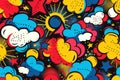 A vibrant cartoon-style pattern featuring comic book-inspired elements like speech bubbles, stars and clouds in bold colors of Royalty Free Stock Photo