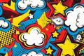 A vibrant cartoon-style pattern featuring comic book-inspired elements like speech bubbles, stars and clouds in bold colors of Royalty Free Stock Photo
