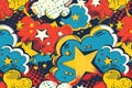 A vibrant cartoon-style pattern featuring comic book-inspired elements like speech bubbles, stars and clouds in bold colors of Royalty Free Stock Photo