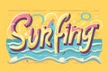 Vibrant cartoon-style 'Surfing' illustration with waves and sun. Ideal for summer event posters. Royalty Free Stock Photo