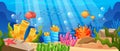 Vibrant Cartoon-style Underwater World Background Featuring Colorful Coral Reefs, Playful Marine Life, And Clear Water Royalty Free Stock Photo