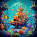 Vibrant Cartoon Underwater Adventure in a Photobooth Setting