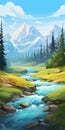 Vibrant Cartoonish Mountain River Illustration - 32k Uhd Nature-inspired Art
