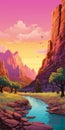 Vibrant Cartoonish Sunset River In Cheyenne Art Style