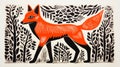 Vibrant Carved Animal Forms: A Playful Lino Print Of A Red Fox