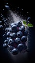 falling splash of blueberries. blueberry juice explosion. blue liquid splash.