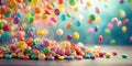 A vibrant cascade of colorful candies falling onto a pile of sweets. Generative AI Royalty Free Stock Photo