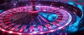 Vibrant Casino Nightlife: Neon Roulette & Chips. Concept Casino Night, Neon Lights, Roulette,