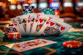 Vibrant Casino Scene with Royal Flush Hand, Poker Chips on Gaming Table, Blurred Colorful Lights Background Royalty Free Stock Photo