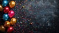 Vibrant Celebration: Colorful Confetti and Balloons Adorned in Black Background for Festive Party Decorations Royalty Free Stock Photo