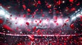 Vibrant Celebration Confetti Explosion in Concert Hall. Festive Event with Red Glitter. Dynamic Party Atmosphere Royalty Free Stock Photo