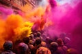 A vibrant celebration of the Holi festival. A multitude of people on the city streets engulfed in a colorful haze of