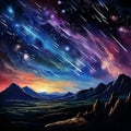 Vibrant Celestial Colors and Meteor Shower in a Dark Starlit Sky