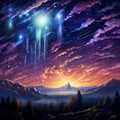 Vibrant Celestial Colors and Meteor Shower in a Dark Starlit Sky