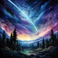 Vibrant Celestial Colors and Meteor Shower in a Dark Starlit Sky