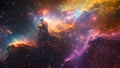 A vibrant, celestial scene featuring an array of stars and billowing clouds, Interstellar cloud nebula featuring a cascade of