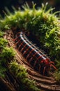 Vibrant Centipede Crawling on Mossy Log in Forest Royalty Free Stock Photo