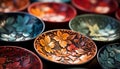 Vibrant ceramic bowl collection showcases ornate floral patterns and variations generated by AI