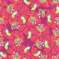 Vibrant Cerise Pink And Purple Abstract Floral With Decorative Green Butterflies