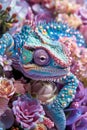 Vibrant Chameleon Camouflaged Amongst Colorful Artificial Flowers in a Striking Floral Display Royalty Free Stock Photo