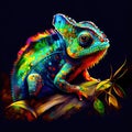 Vibrant chameleon illustration on a dark backdrop, with intricate scales and vivid colors. Prominent eye. Realistic skin texture