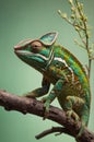 Colorful Panther Chameleon Perched on a Branch with Muted Green Background Royalty Free Stock Photo