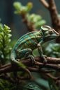 Colorful Chameleon Perched on Branch in Lush Greenery in Natural Habitat, close up Royalty Free Stock Photo