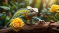 Vibrant Chameleon on Wooden Branch with Yellow Rose Royalty Free Stock Photo