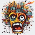 Colorful Skull With Buildings: Fantastic Grotesque Cartoon Illustration