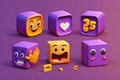 Set of cubes with emoticons on a purple background