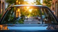 Sunny Street Scene: Back Window of Parked Car with Rear View Mock-Up for Summer Sticker or Decals