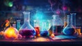 Vibrant Chemistry: Lab Flasks with Colorful Solutions. Generative ai Royalty Free Stock Photo