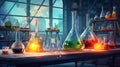 Vibrant Chemistry: Lab Flasks with Colorful Solutions. Generative ai Royalty Free Stock Photo