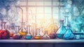 Vibrant Chemistry: Lab Flasks with Colorful Solutions. Generative ai Royalty Free Stock Photo