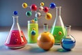 Vibrant Chemistry Lab Setup with Molecular Model and Colorful Glassware Royalty Free Stock Photo