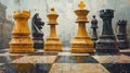vibrant chessboard features abstract Bitcoin symbols as chess pieces set against flowing gradient canvas. bold colors