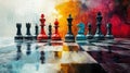 Vibrant chessboard features abstract Bitcoin symbols blending geometric patterns showcasing creative financial