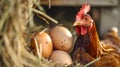 Close-up of a Hen Next to Fresh Eggs in a Straw Nest. Homestead Poultry and Organic Farming Concept. Rustic and Rural Royalty Free Stock Photo