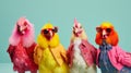 Vibrant Chickens In Colorful Outfits: A Playful Postmodernism Concept