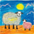 Vibrant Child\'s Drawing Of Sheep In Desert At Night