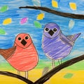 Vibrant Child\'s Drawing Of Two Birds Perched On A Tree