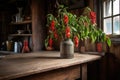 a vibrant chili pepper plant on a rustic wooden kitchen table