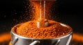 Vibrant Chili Powder Explosion: Close-Up of Grinding Process on Black Background - AI Generated Royalty Free Stock Photo