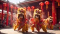 A vibrant Chinese lion dance performance. Happy Chinese New Year. Generative AI.