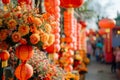 Vibrant Chinese New Year Celebration Scene with Traditional Red Lanterns and Floral Decorations Royalty Free Stock Photo