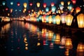 Vibrant chinese new year lantern floating on river, blending with natural surroundings