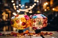 Vibrant chinese new year lantern on river, blending with nature and illuminating surroundings.