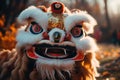Vibrant chinese new year lion dance troupe surrounded by thrilled crowd, evoking joy and excitement