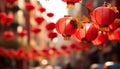 Vibrant chinese new year street with bustling atmosphere and beautifully adorned red lanterns