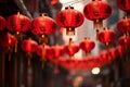 Vibrant Chinese New Year Street Scene. Red Lanterns, Decorations, and Festive Activity Royalty Free Stock Photo